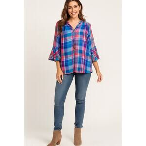 Como Vintage Colorful Plaid Women's Long Sleeve Blouse Top bell sleeves Sz XL